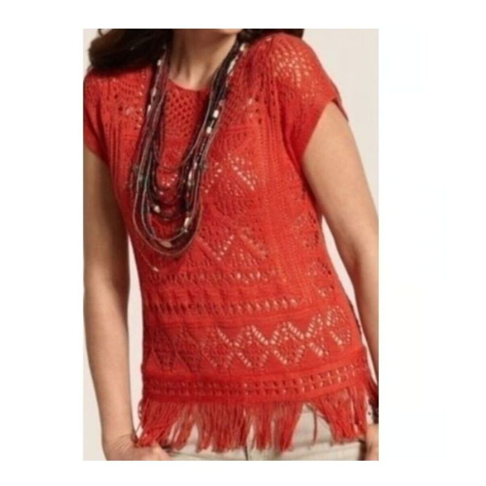 Chico's Womans Pullover Crochet Open Knit Fringe Sweater Dark Orange‎ Size 2 (M)